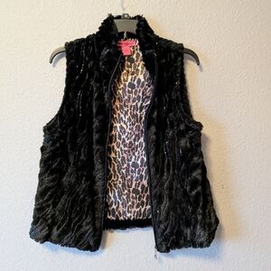💥SALE💥 Betsey Johnson Black Faux Fur Zip Front Vest Sequins Leopard Lining Sz.